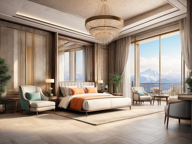 Auf dem Bild ist ein elegantes und modernes Schlafzimmer in einer luxuriösen Unterkunft zu sehen. Es hat große Fenster, die einen Blick auf eine bergige Landschaft ermöglichen. Die Einrichtung umfasst ein großes Bett mit stilvollen Kissen, gemütliche Sessel und einen Tisch. Die Wände sind geschmackvoll mit Holz und neutralen Farben gestaltet, ergänzt durch einen beeindruckenden Kronleuchter.

**Überblick über das Millennium Executive Apartments Mont Rose:**

Die Millennium Executive Apartments Mont Rose bieten eine luxuriöse Unterkunft mit modernen Annehmlichkeiten. Die Apartments sind geräumig und elegant gestaltet, ideal für Familien und Geschäftsreisende. Zu den Einrichtungen gehören ein Fitnessbereich, ein Pool, und oft auch gastronomische Angebote. Die Lage ermöglicht einen atemberaubenden Blick auf die umliegenden Berge und eine bequeme Erreichbarkeit von Sehenswürdigkeiten sowie Geschäftszentren.