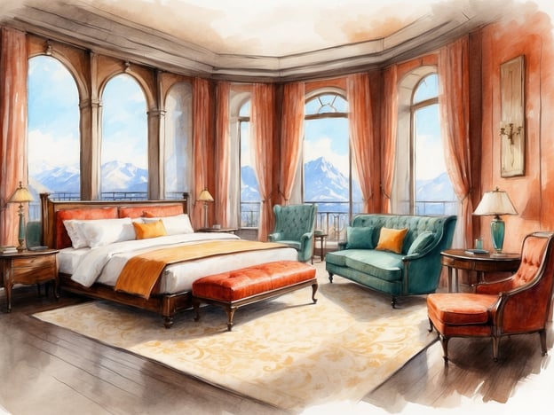 Auf dem Bild ist ein elegantes Schlafzimmer zu sehen. Es sind große Fenster mit Blick auf Berge im Hintergrund vorhanden, die viel Tageslicht hereinlassen. Das Zimmer ist mit einem großen Bett ausgestattet, das mit weißen und orangefarbenen Kissen dekoriert ist. Neben dem Bett befinden sich Holz-Nachttische mit Lampen. 

Im Schlafzimmer steht auch ein gepolsterter Hocker sowie eine gemütliche Sitzecke mit einem grünen Sofa, auf dem orangefarbene Kissen liegen. Dazu gibt es weitere Sitzmöglichkeiten in Form von stilvollen Sesseln. Der Boden ist mit einem dekorativen Teppich bedeckt, und die Wände sind mit tiefen, warmen Farben gestaltet, die eine gemütliche Atmosphäre schaffen. Insgesamt bietet dieses Zimmer eine luxuriöse und einladende Unterbringungsmöglichkeit.