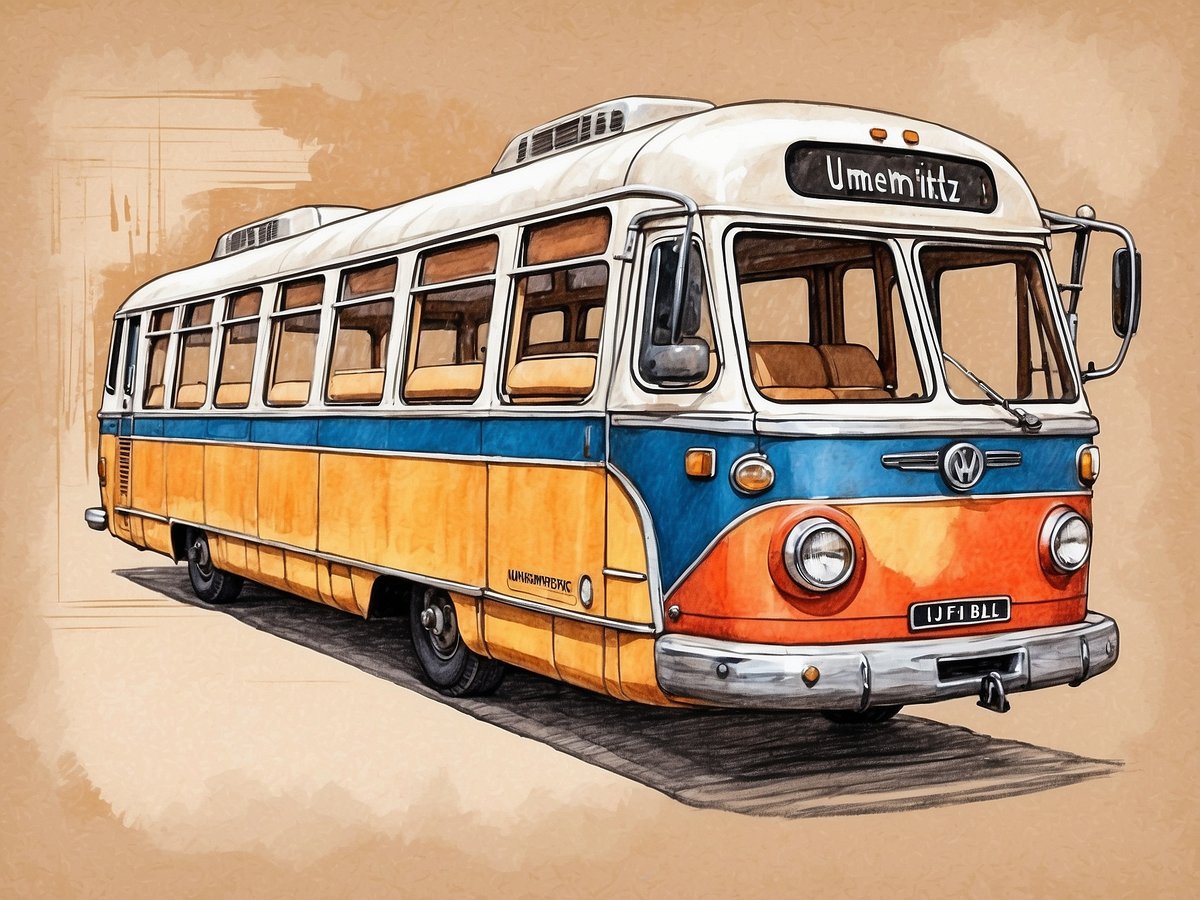 Ein vintage Stadtbus ist abgebildet, der in orange-blauen Farben gestrichen ist. Der Bus hat große Fenster, die eine helle und einladende Atmosphäre schaffen. Auf dem Dach befindet sich eine Leuchtschrift mit dem Wort Ummeritz. Die Vorderansicht zeigt das charakteristische Volkswagen-Logo. Der Hintergrund ist in sanften Erdtönen gehalten, was dem Bild eine nostalgische und umweltfreundliche Ausstrahlung verleiht. Der Bus symbolisiert nachhaltiges Reisen und die Erkundung von Städten auf umweltfreundliche Weise.