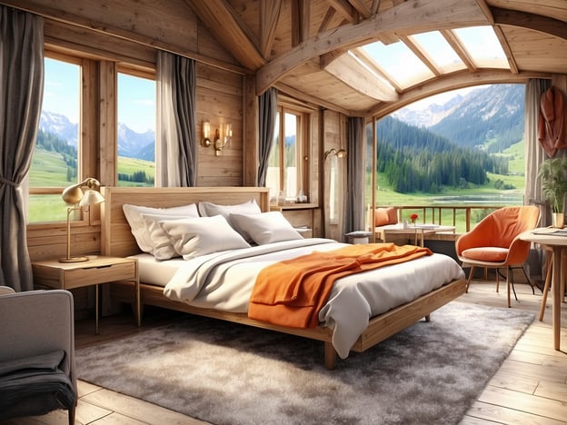 Auf dem Bild ist ein gemütliches Schlafzimmer in einer modernen, rustikalen Unterkunft zu sehen. Die Wände und Möbel sind aus Holz, was eine warme Atmosphäre schafft. Das große Bett ist mit vielen Kissen und einer Decke in orangener Farbe dekoriert. 

Die Fenster bieten einen herrlichen Blick auf eine malerische Landschaft mit Bergen und Wäldern. Neben dem Bett steht ein Nachttisch mit einer Lampe. In der Ecke des Zimmers gibt es einen bequemen Sessel und einen kleinen Tisch. Diese Art von Unterkunft könnte als romantisches Wochenende oder für einen Wellnessurlaub in der Natur gebucht werden.