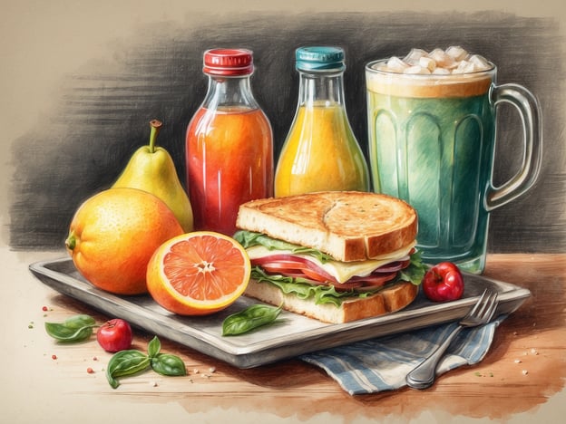 Auf dem Bild sind verschiedene Lebensmittel und Getränke zu sehen. Es gibt ein sandwich, das mit Salat, Tomaten, Käse und weiteren Zutaten gefüllt ist. Daneben liegen eine Orange, eine Birne und eine halbe Grapefruit. Zudem sind mehrere Flaschen mit Säften zu sehen, eine davon orangefarbend und die andere mit einer blauen Kappe. In einem großen Glas ist ein Getränk mit Schaum, das grünlich aussieht. Ein paar kleine rote Früchte sind ebenfalls auf dem Tablett.