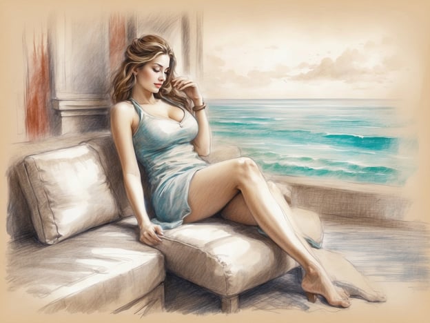 Auf dem Bild ist eine Frau zu sehen, die entspannt auf einem Sofa sitzt und den Blick auf das Meer richtet. Die sanfte Atmosphäre, die durch das Licht und die Farben erzeugt wird, vermittelt ein Gefühl von Ruhe und Wellness. Diese Szenerie lädt dazu ein, den Moment zu genießen und sich von der Hektik des Alltags zu erholen. Die Verbindung zur Natur und der komfortable Platz verstärken das Gefühl von Entspannung und innerer Harmonie.