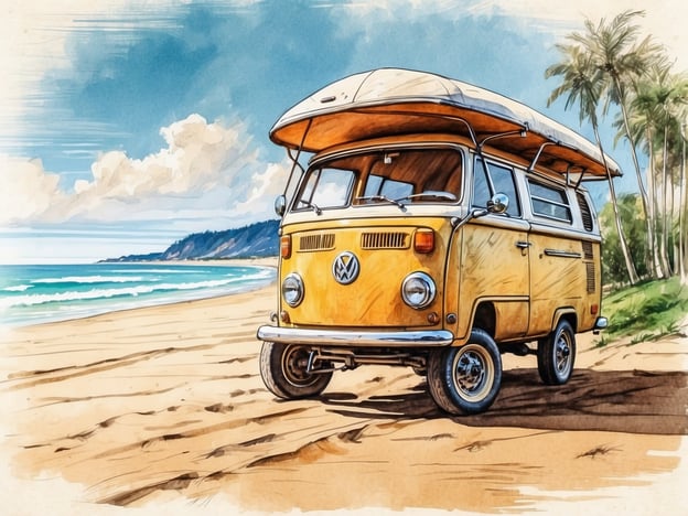 Auf dem Bild ist ein gelber VW-Bus zu sehen, der am Strand steht. Auf Borkum kannst du ähnliche Aktivitäten genießen, wie zum Beispiel:

1. **Strandspaziergänge**: Die langen Sandstrände laden zu gemütlichen Spaziergängen ein.
2. **Wassersport**: Windsurfen oder Kitesurfen sind beliebte Aktivitäten bei geeignetem Wetter.
3. **Camping**: Mit einem Camper wie dem VW-Bus könnte man eine tolle Zeit beim Camping verbringen.
4. **Radfahren**: Es gibt viele Radwege, die die Insel erkunden lassen.
5. **Naturbeobachtungen**: Die Dünenlandschaften und das Wattenmeer bieten interessante Ausblicke auf die lokale Tierwelt.

Borkum ist ein wunderbarer Ort für Outdoor-Aktivitäten und entspannte Tage am Strand!