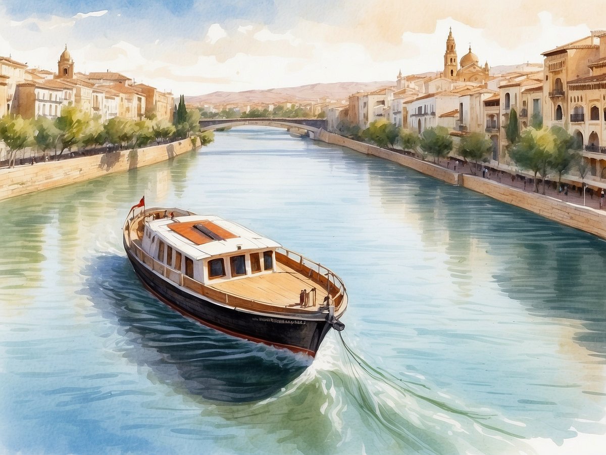 Ein malerischer Fluss mit sanften Wellen, auf dem ein traditionelles Boot mit einem weißen und braunen Deck fährt. Links und rechts des Flusses erstrecken sich malerische Ufer mit Bäumen und historischen Gebäuden, die typisch für die Architektur Andalusiens sind. Im Hintergrund sind Hügel zu sehen, unter einem klaren, blauen Himmel mit einigen Wolken. Das Bild vermittelt eine friedliche Atmosphäre und zeigt die Schönheit des Guadalquivir in Spanien.