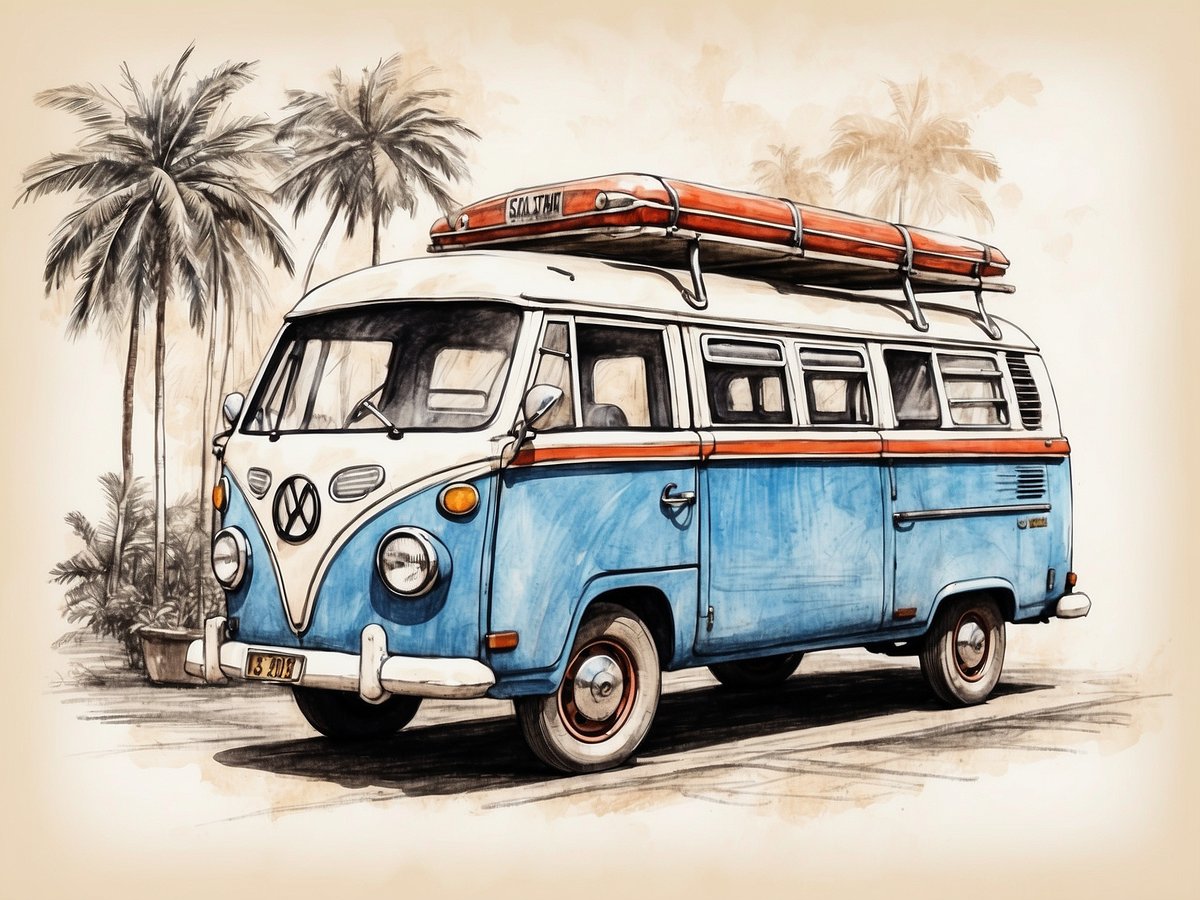 Ein farbenfroher VW-Bus steht vor einer Kulisse aus Palmen, die für ein entspanntes, tropisches Ambiente sorgt. Der Bus ist in Blau und Weiß gehalten, mit einem orangefarbenen Dachträger, auf dem Surfbretter liegen. Diese Darstellung symbolisiert nachhaltiges Reisen, da der Bus oft mit umweltfreundlichen Abenteuern verbunden wird. Die Präsentation hebt die Möglichkeit hervor, CO2-Emissionen zu kompensieren, während man die Schönheit der Natur erkundet.