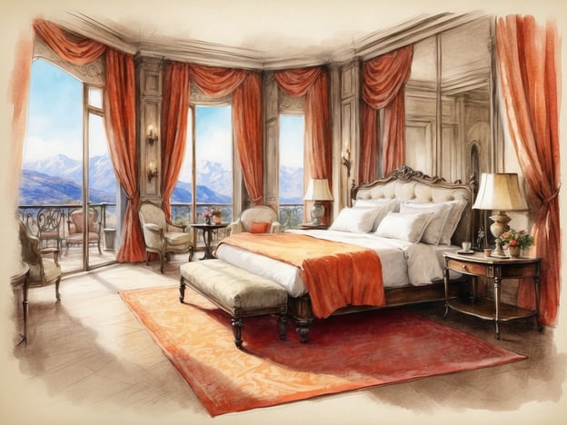 Auf dem Bild ist eine luxuriöse Suite im Millennium Hotel zu sehen. Der Raum ist hell und elegant gestaltet, mit großen Fenstern, die einen Blick auf die Berge bieten. Die Farbpalette umfasst warme Töne mit orangefarbener Dekoration. Es gibt ein komfortables Bett mit vielen Kissen, stilvolle Möbelstücke und gemütliche Sitzgelegenheiten, die zum Entspannen einladen. Die großzügige Raumaufteilung und die hochwertige Ausstattung schaffen eine einladende Atmosphäre für Erholung und Genuss.