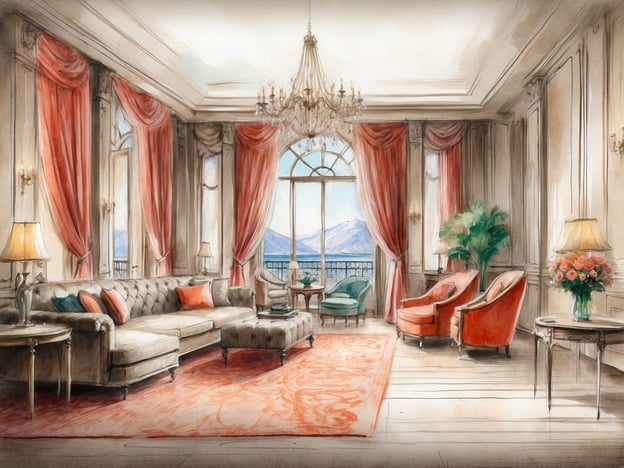 Auf dem Bild ist eine stilvolle Suite zu sehen. Der Raum ist hell und elegant gestaltet, mit großen Fenstern, die einen Blick auf die Berge bieten. Es gibt ein bequemes Sofa mit Kissen, einen Couchtisch sowie zwei dekorative Sessel. Rote Vorhänge und ein großer Kronleuchter verleihen dem Zimmer einen luxoriösen Touch. Die Möbel sind geschmackvoll ausgewählt und sorgen für ein einladendes Ambiente. Daneben gibt es Pflanzen und Blumen, die dem Raum zusätzlich Leben einhauchen.