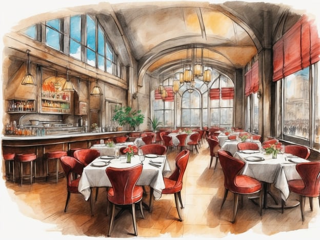 Auf dem Bild ist ein stilvolles Restaurant zu sehen. Der Raum hat hohe Decken und große Fenster, die viel Licht hereinlassen. Die Tische sind elegant mit weißen Tischdecken und frischen Blumen dekoriert. Rote Stühle verleihen dem Ambiente eine gemütliche Atmosphäre. An einer Seite des Raumes befindet sich eine Bar mit einer Auswahl an Getränken. Insgesamt wirkt der Ort einladend und eignet sich gut für ein schönes Essen oder gesellige Zusammenkünfte.