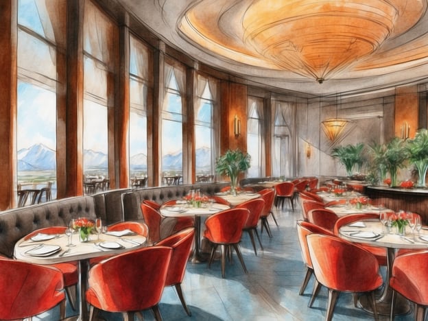 Auf dem Bild ist ein elegantes Restaurant zu sehen, das für Genussvolle Kulinarik im Millennium Hotel gestaltet ist. Der Raum ist lichtdurchflutet mit großen Fenstern, die einen Blick auf die umliegenden Berge bieten. Die Tische sind geschmackvoll gedeckt mit weißem Geschirr und Blumendekorationen, während die roten Stühle dem Ambiente eine warme und einladende Note verleihen. Insgesamt schafft der Raum eine stilvolle Atmosphäre für ein unvergessliches kulinarisches Erlebnis.