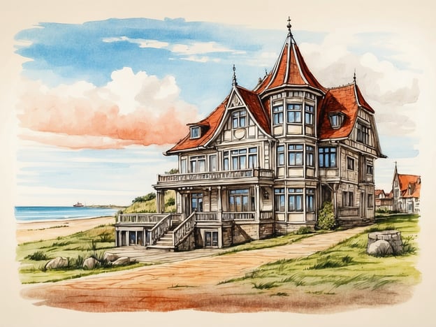 Auf dem Bild ist eine elegante, historische Villa zu sehen, die an einem Strand in der Nähe von Norderney steht. Diese Art von Architektur erinnert stark an die berühmten Bäderarchitekturen, die im 19. und 20. Jahrhundert in Nordseebädern entstanden. 

Die Geschichte von Norderney ist geprägt von der Entwicklung als Seebad, das immer mehr Besucher anzieht. Solche Villen waren einst Zufluchtsorte für wohlhabende Gäste, die die frische Meerluft und die heilenden Eigenschaften des Nordseeklimas genießen wollten. Die stilvolle Gestaltung der Fassade und die umliegende Natur spiegeln den Charme und die Schönheit der Insel wider, die seit jeher ein beliebtes Reiseziel ist.