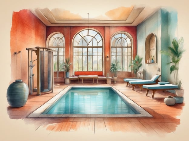 Auf dem Bild ist ein eleganter Wellnessbereich eines Hotels zu sehen. Er bietet verschiedene Freizeit- und Wellnessangebote, darunter ein einladendes Schwimmbad, das ideal zum Entspannen ist. Außerdem gibt es bequeme Liegen, die zum Relaxen einladen. Die großen Fenster sorgen für viel Tageslicht und eine angenehme Atmosphäre, während Pflanzen im Raum für ein beruhigendes Ambiente sorgen. Solch ein Bereich lädt dazu ein, die Seele baumeln zu lassen und sich vom Alltagsstress zu erholen.