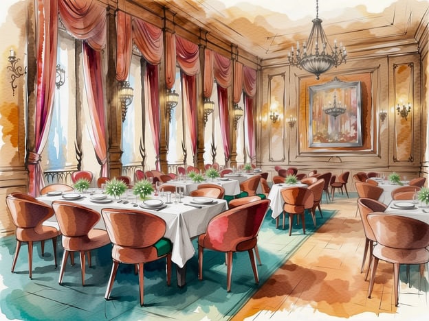 Auf dem Bild ist ein elegante Restaurant im Stil eines Hotels zu sehen. Die Tische sind mit weißen Tischdecken und Blumenarrangements dekoriert, was eine einladende und festliche Atmosphäre schafft. Die Kombination aus den opulenten Draperien, dem Kronleuchter und den stilvollen Stühlen vermittelt ein Gefühl von Luxus und Exklusivität. Hier könnten kulinarische Erlebnisse genossen werden, sei es bei einem besonderen Abendessen mit mehreren Gängen oder einem exquisiten Brunch. Die sorgfältige Gestaltung des Raumes trägt sicherlich zu einem unvergesslichen gastronomischen Erlebnis bei.