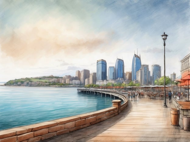 Auf dem Bild ist eine malerische Uferpromenade zu sehen, die entlang eines Gewässers verläuft. Am Horizont erheben sich moderne Wolkenkratzer, während die Uferlinie von grünen Hügeln und vielleicht Wohngebieten gesäumt wird. Auf der Promenade sind Menschen zu sehen, die spazieren gehen und die Umgebung genießen. Diese Szenerie könnte eine künstlerische Darstellung der Lage des Millennium Istanbul Golden Horn sein, das am Goldenen Horn in Istanbul liegt, wo sich historische und moderne Elemente vereinen. Die friedliche Wasseroberfläche und die ansprechende Architektur tragen zur Atmosphäre dieses beliebten Ortes bei.