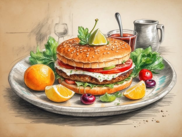 Auf dem Bild ist ein kunstvoll angerichteter Burger zu sehen, der großzügig mit frischen Zutaten wie Tomaten, Salat und einer Soße belegt ist. Neben dem Burger befinden sich verschiedene Früchte, darunter eine Orange und Zitronenstücke, die das Gericht farbenfroh ergänzen. Diese Kombination könnte ein Beispiel für die vielseitigen kulinarischen Erlebnisse im Millennium Istanbul sein, wo Gourmetküche und frische Zutaten geschmacklich harmonisch vereint werden. Der Burger könnte als Teil eines umfangreichen Menüs serviert werden, das sowohl internationale als auch lokale Aromen bietet.