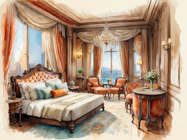 Das Bild zeigt ein luxuriöses Hotelzimmer mit eleganter Einrichtung. Die Wände sind in warmen Farben gehalten, und das Zimmer ist hell erleuchtet durch große Fenster, die einen schönen Ausblick bieten. Das Bett ist opulent, mit vielen Kissen und einem stilvollen Kopfteil. Daneben stehen gemütliche Sessel und ein kleiner Tisch, dekoriert mit Blumen.

Das Millennium Madinah Airport Hotel ist bekannt für seinen Komfort und seine erstklassigen Dienstleistungen. Es bietet moderne Annehmlichkeiten in einem eleganten Ambiente und befindet sich in der Nähe des Flughafens von Medina, was es ideal für Reisende macht. Die Zimmer sind großzügig geschnitten und oft mit ansprechenden Ausblicken ausgestattet, um den Gästen eine entspannende Atmosphäre zu bieten.