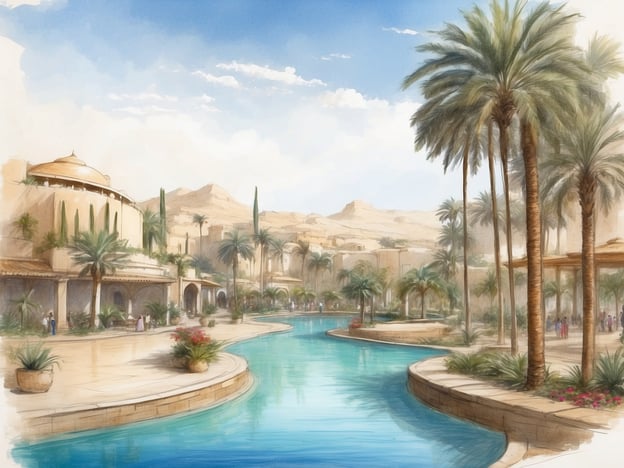 Auf dem Bild ist eine malerische Landschaft mit einem großen, geschwungenen Wasserlauf zu sehen, der von Palmen und exotischen Pflanzen gesäumt ist. Die Architektur wirkt orientalisch, mit kuppelförmigen Gebäuden und schattenspendenden Arkaden. Im Hintergrund sind sanfte Hügel oder Berge sichtbar, die die Umgebung einrahmen. Diese Szenerie könnte gut zur Lage des Millennium Madinah Al Aqeeq Hotels passen, das sich in der Nähe von Medina befindet und häufig von Pilgern und Touristen besucht wird. Die Ruhe und der Luxus dieser Umgebung schaffen eine einladende Atmosphäre für die Gäste des Hotels.