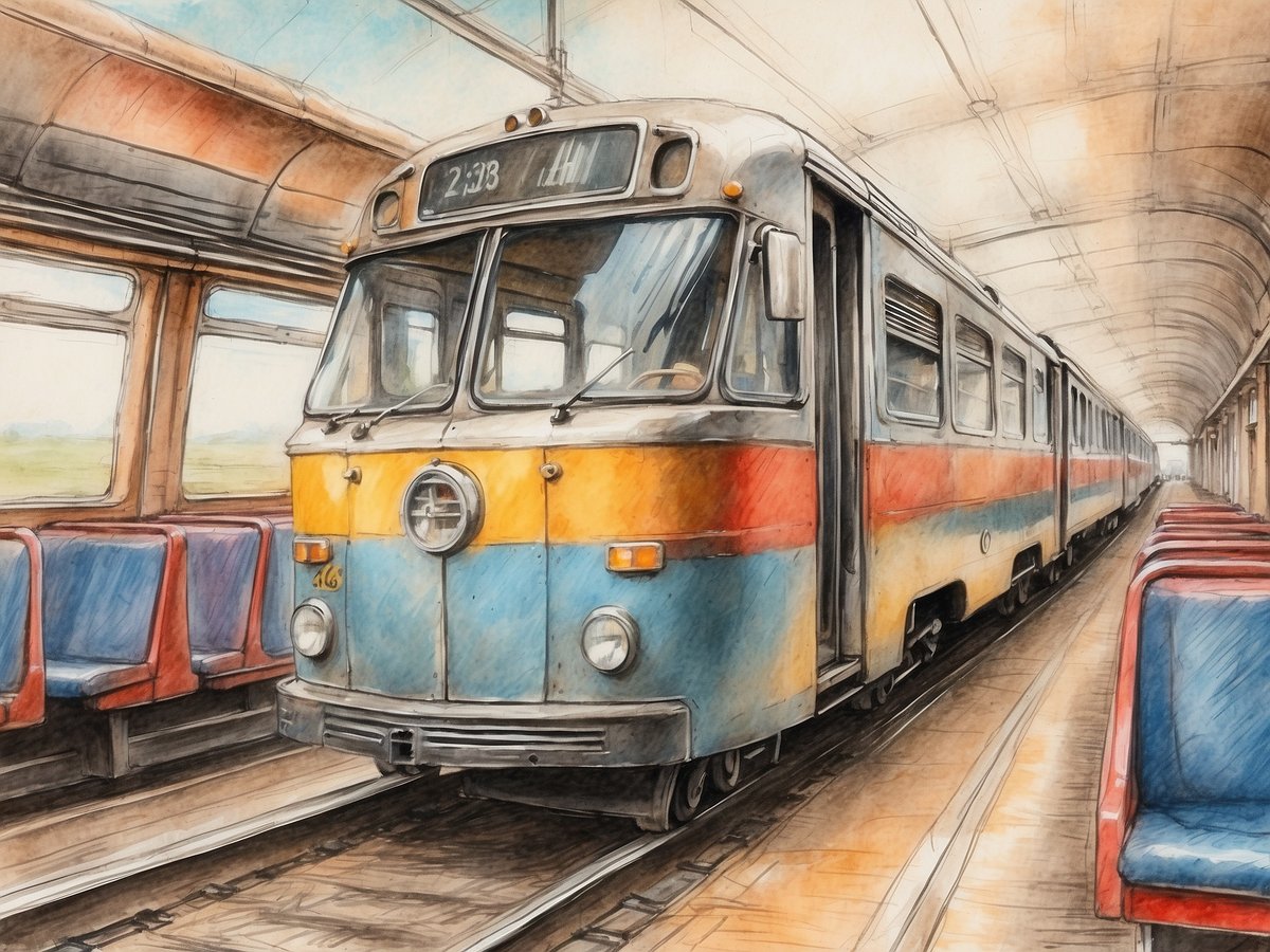 Ein farbenfroher Zug ist in einem Bahnhof zu sehen. Der Zug hat eine fröhliche orange- und blaue Farbgebung mit einer großen Frontscheibe. Die Innenausstattung ist einfach, mit rot-blauen Sitzen, die gleichmäßig entlang des Wagens angeordnet sind. Auf der Anzeigetafel über dem Zug ist eine Liniennummer angezeigt. Durch die Fenster sind Landschaftselemente zu erkennen, die darauf hindeuten, dass der Zug auf dem Weg zu einem Ziel ist.