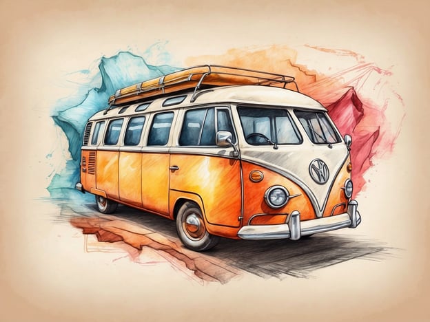 Auf dem Bild ist ein stilisierter VW-Bus zu sehen, der in warmen Orange- und weißen Farben gehalten ist. Der Bus strahlt Nostalgie und Charme aus und könnte für Abenteuerreisen oder entspannte Ausflüge stehen. 

Einzigartige Angebote und Aktivitäten, die mit einem solchen VW-Bus in Verbindung stehen könnten, sind:

1. **Roadtrip-Erlebnisse**: Mieten Sie einen VW-Bus für einen unvergesslichen Roadtrip entlang malerischer Küstenstraßen oder durch die Berge.
   
2. **Camping-Ausflüge**: Nutzen Sie den Bus für Wochenendausflüge zum Zelten, ergänzt durch Outdoor-Aktivitäten wie Wandern oder Radfahren.

3. **Fotowettbewerbe**: Veranstalten Sie Fotowettbewerbe, bei denen Teilnehmer kreative Bilder mit dem VW-Bus in verschiedenen Landschaften einreichen.

4. **Retro-Events oder Festivals**: Teilnahme an Veranstaltungen, die das Flair der 60er und 70er Jahre feiern, wo der VW-Bus als Konkurrent oder Ausstellungsstück glänzen kann.

5. **Themenfahrt**: Organisieren Sie spezielle Themenfahrten, z.B. zur Erkundung lokaler Brauereien oder Weingüter, während man einen nostalgischen Fahrstil genießt.