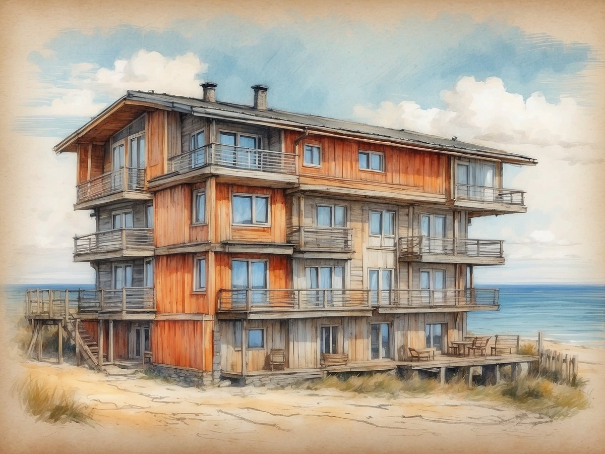 Ein modernes, dreigeschossiges Gebäude mit Holzverkleidung und großen Fenstern liegt direkt am Strand. Es verfügt über mehrere Balkone mit Geländer, die zum Meer hin ausgerichtet sind. Vor dem Haus sind Holzstühle auf einer Terrasse platziert, umgeben von Sand und Dünen. Der Himmel ist blau mit einigen weißen Wolken und die Wellen des nahegelegenen Meeres sind sichtbar. Wo finde ich eine Unterkunft in Grömitz?