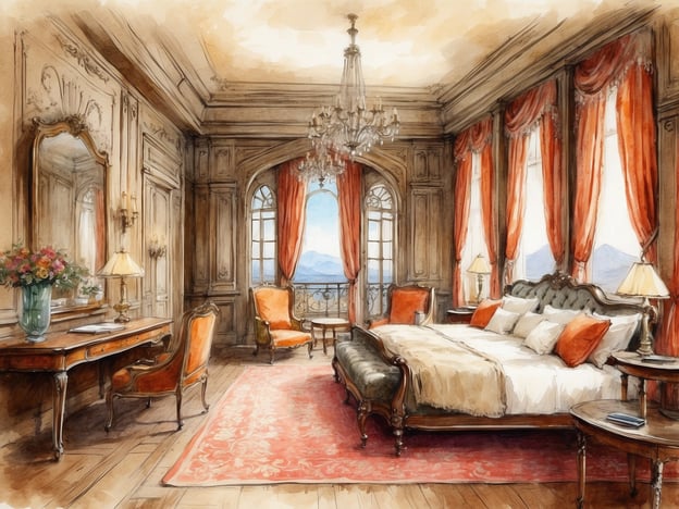 Auf dem Bild ist ein luxuriöses Hotelzimmer zu sehen, das mit opulentem Interieur gestaltet ist. Es gibt eine große, gut ausgestattete Bettenlandschaft, elegante Möbel und einen prachtvollen Kronleuchter. Die Fenster sind mit roten Vorhängen geschmückt, die einen Blick auf eine bergige Landschaft bieten.

In der Geschichte des Millennium Palestine Hotels spiegelt sich der Wunsch nach Luxus und Komfort wider, der Reisende aus aller Welt anzieht. Das Hotel, bekannt für seine elegante Ausstattung und erstklassigen Service, hat im Laufe der Jahre zahlreiche prominente Gäste beherbergt und ist ein Symbol für Gastfreundschaft in der Region. Solche traumhaften Zimmer sind Teil dessen, was das Millennium Palestine Hotel zu einem begehrten Ziel für Reisende macht, die sowohl Erholung als auch ein Gefühl von Geschichte und Opulenz erleben möchten.