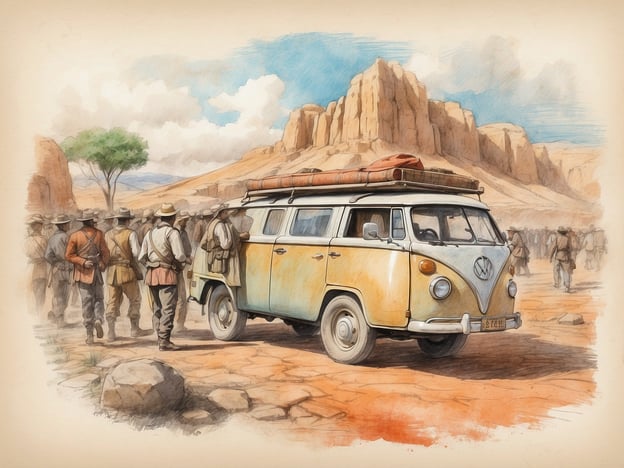 Auf dem Bild ist ein alter VW-Bus zu sehen, der vor einer Gruppe von Menschen in einer wüstenartigen Landschaft steht. Diese Szene könnte mit Veranstaltungen oder Aktivitäten im Millennium Palestine assoziiert werden, wo kulturelle und historische Exkursionen oft angeboten werden. Möglicherweise findet hier eine Besichtigung lokaler Sehenswürdigkeiten oder ein Abenteuer-Event statt, das Touristen die Möglichkeit bietet, die wunderschöne Natur und die beeindruckenden Landschaften Palästinas zu erkunden. Solche Veranstaltungen können auch die lokale Kultur hervorheben und Einblicke in die Traditionen der Region geben.