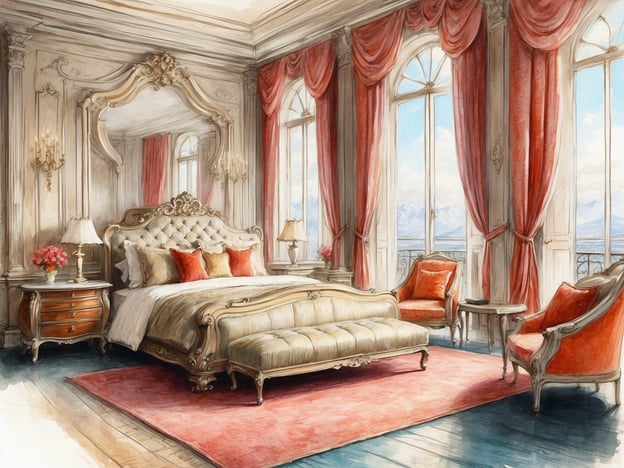 Auf dem Bild ist ein elegantes Schlafzimmer zu sehen, das luxuriös eingerichtet ist. Es gibt ein großes, opulentes Bett mit dekorativen Kissen. Neben dem Bett steht ein stilvoller Nachttisch. Die Fenster sind mit roten Vorhängen geschmückt, die das Licht angenehm filtern. Am Fußende des Bettes befindet sich eine gepolsterte Bank. In der Ecke des Zimmers stehen zwei gemütliche Sessel und ein kleiner Tisch. Der Boden ist mit einem roten Teppich bedeckt, und die Wände sind geschmackvoll gestaltet, was dem Raum eine prachtvolle Atmosphäre verleiht.