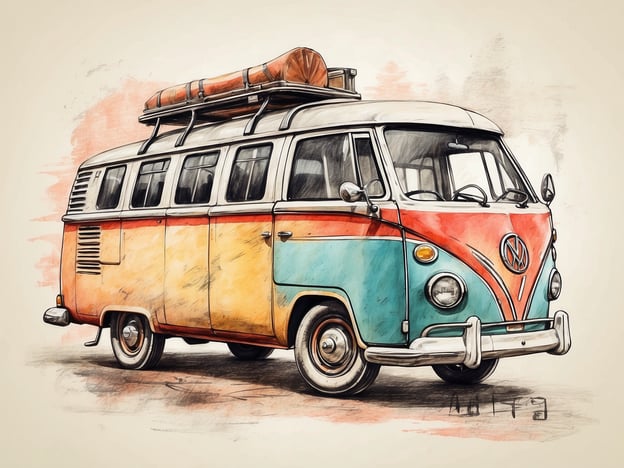 Auf dem Bild ist ein farbenfroher VW-Bus zu sehen, der an eine entspannte Roadtrip-Atmosphäre erinnert. Solch ein Bus eignet sich perfekt für Aktivitäten wie Camping, Ausflüge und Roadtrips mit Freunden oder Familie. Man könnte mit diesem Fahrzeug die Natur erkunden, am Strand parken, ein Picknick machen oder an verschiedenen Orten übernachten. Es ist eine großartige Möglichkeit, Abenteuer zu erleben und spontane Reisen zu unternehmen!