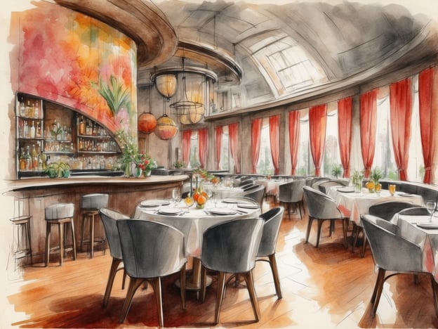 Auf dem Bild ist ein elegantes Restaurant oder eine Bar zu sehen. Der Raum ist gut beleuchtet, mit großen Fenstern und roten Vorhängen, die einladende Atmosphäre schaffen. An der Wand hinter der Theke befindet sich ein kunstvolles, farbenfrohes Wandgemälde. Die Tische sind schön gedeckt mit Tellern und Gläsern, und auf einigen Tischen stehen Getränke wie frisch zubereitete Cocktails. Die Einrichtung wirkt modern und stilvoll, was auf ein gehobenes Ambiente hinweist. Es scheint ein Ort zu sein, an dem man entspannt essen oder trinken kann.