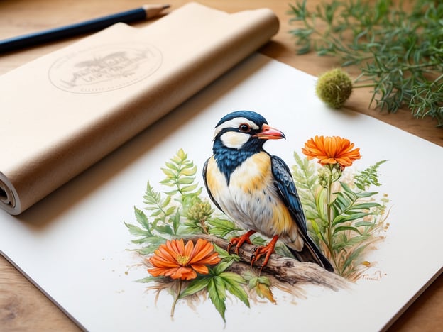 Auf dem Bild sieht man eine wunderschöne Illustration eines Vogels, der auf einem Ast sitzt. Um ihn herum sind verschiedene Pflanzen und Blumen, darunter orangefarbene Blüten und grüne Farne. Diese Darstellung zeigt die faszinierende Natur, die man auf Baltrum entdecken kann, wo die Tier- und Pflanzenwelt reichhaltig und abwechslungsreich ist. Die Farben und Details der Illustration fangen die Schönheit der Natur perfekt ein.