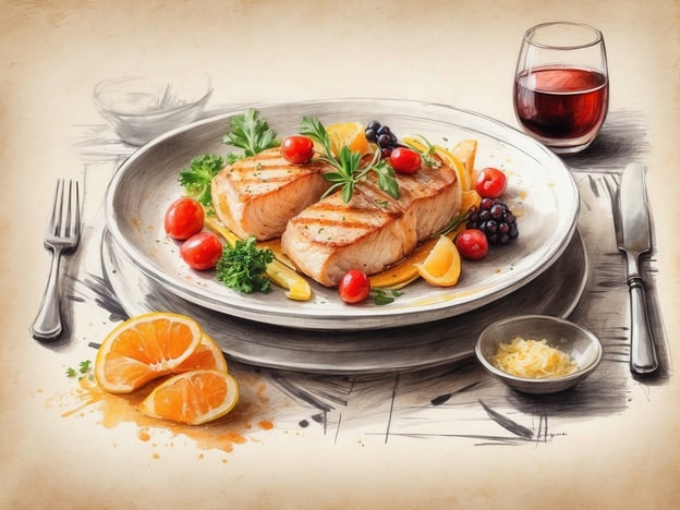 Auf dem Bild ist ein kunstvoll angerichteter Teller mit gegrilltem Fisch zu sehen, begleitet von frischen Tomaten, Kräutern und Zitrusfrüchten. Daneben befindet sich ein Glas Rotwein und eine kleine Schale mit einer weiteren Zutat, möglicherweise einer Beilage. 

Die kulinarischen Erlebnisse im Millennium Hotels bieten eine Vielzahl von gehobenen Speisen und exquisite Präsentationen, die den Gästen ein unvergessliches Geschmackserlebnis garantieren. Die Kombination aus frisch zubereiteten Gerichten und einer ansprechenden Atmosphäre macht jedes Essen zu etwas Besonderem.