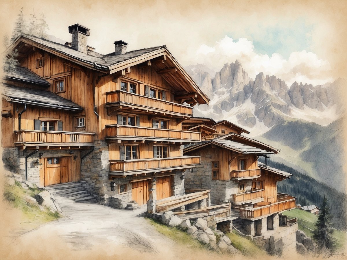 Luxuriöse Chalets in Südtirol am Fuße majestätischer Berge. Die elegante Holzarchitektur mit großen Balkonen bietet einen atemberaubenden Ausblick auf die umliegenden Alpen. Der gepflegte Weg führt zur Eingangstür der Chalets, während über dem Bild eine malerische Wolkenlandschaft den Himmel schmückt. Ideal für eine entspannte Auszeit in den Bergen.