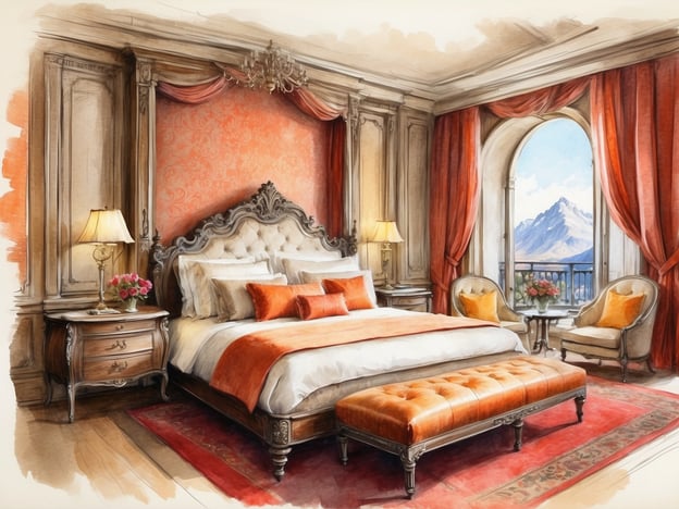 Auf dem Bild ist ein luxuriöses Hotelzimmer zu sehen. Es verfügt über ein großes, elegantes Bett mit aufwendiger Kopfende und stilvollen Kissen in orange und weiß. Die Wände sind in einem warmen, floralen Muster dekoriert, und die Fenster lassen viel Licht herein, mit Blick auf eine Berglandschaft. 

Neben dem Bett stehen Nachttische mit Lampen und Blumenarrangements, und es gibt zwei bequeme Sessel mit orangenen Kissen. Der Boden ist mit einem großen, dekorativen Teppich ausgelegt, der das Gesamtbild des Raumes abrundet. Die Atmosphäre strahlt Eleganz und Komfort aus, ideal für eine entspannte Auszeit.