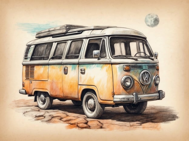 Auf dem Bild ist ein farbenfroher Volkswagen Bus abgebildet, der auf einer rauen, rissigen Oberfläche steht. Der Bus hat ein nostalgisches Design mit einem orangefarbenen und blauen Farbverlauf. Über dem Fahrzeug ist ein klarer Himmel zu sehen, und am Horizont scheint der Mond. Diese Szenerie vermittelt ein Gefühl von Abenteuer und Freiheit, ideal für die Erkundung der Umgebung. Der Bus könnte viele Reisen in verschiedene Landschaften und Orte darstellen, ein Symbol für unvergessliche Erlebnisse und Entdeckungsfreude.