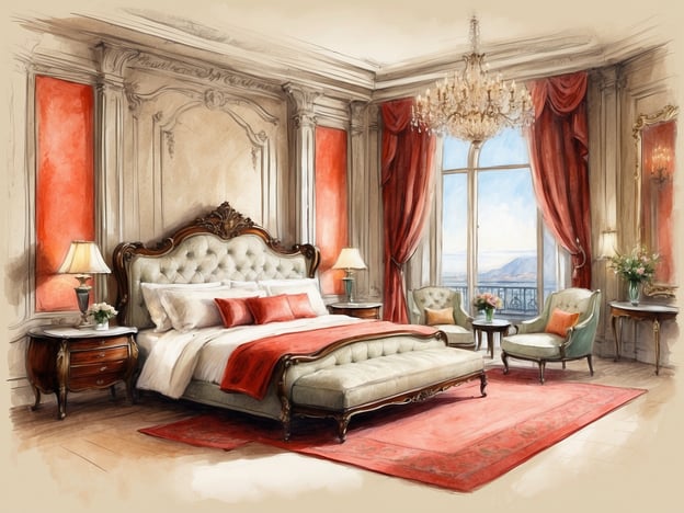 Auf dem Bild ist ein elegantes Zimmer zu sehen, das als luxuriöse Suite gestaltet ist. Es gibt ein großes, gepolstertes Bett mit dekorativen Kissen und eine gemütliche Sitzgruppe mit zwei Stühlen. Die Wände sind mit schönen roten Akzenten versehen, und große Fenster bieten einen Blick nach draußen. Ein Kristalllüster hängt von der Decke, und es gibt verschiedene Tischlampen sowie einen attraktiven Teppich auf dem Boden. Das Gesamtbild vermittelt ein Gefühl von Komfort und Opulenz.