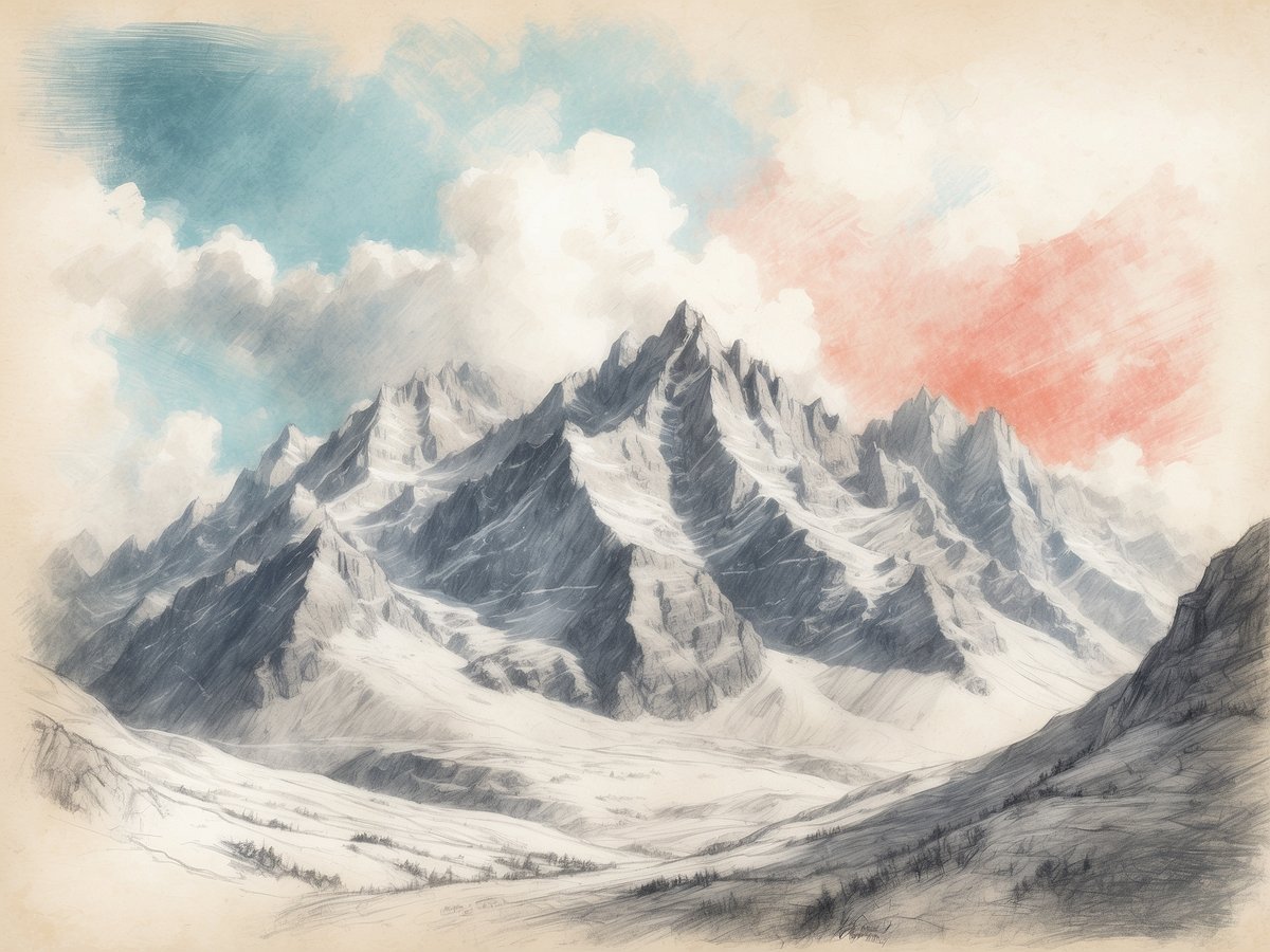 Die majestätische Berglandschaft zeigt hoch aufragende Gipfel, die mit schneebedeckten Spitzen in verschiedenen Grautönen dargestellt sind. Im Hintergrund erstreckt sich ein klarer Himmel, wo sich sanfte Wolken in hellblau und zartem Rot vermischen. Die ruhige Szenerie wird von einer harmonischen, natürlichen Schönheit geprägt, die zum Entspannen und Erholen in den Bergen einlädt. Die sanften Hügel im Vordergrund verleihen dem Bild Tiefe und betonen die beeindruckende Erhebung der Berge.