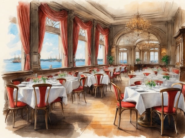 Auf dem Bild ist ein elegantes Restaurant zu sehen, das eine stylische Inneneinrichtung mit Tischen und Stühlen umfasst. Die Tische sind hübsch mit weißen Tischdecken gedeckt und von roten Stühlen umgeben. Große Fenster lassen viel Licht herein und bieten einen Blick auf das Wasser und die Boote draußen. Die Wände und Decken sind aufwendig gestaltet, und der Raum vermittelt eine gehobene Atmosphäre, passend zur Gastronomie im Bostonianer Boston, die für ihre exquisite Küche und ihren besonderen Service bekannt ist.