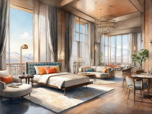 Auf dem Bild ist ein luxuriös eingerichtetes Zimmer zu sehen, das sowohl Wohn- als auch Schlafbereiche kombiniert. Die großen Fenster bieten einen beeindruckenden Ausblick auf die Berge und lassen viel natürliches Licht herein. Im Schlafbereich steht ein großes Bett mit bunten Kissen, daneben ein kleiner Tisch mit einem Buch und einer Lampe. 

Der Wohnbereich ist mit einem komfortablen Sofa und einem Sessel ausgestattet, während ein Esstisch mit Stühlen im Hintergrund steht. Die Dekoration ist modern und elegant, mit natürlichen Materialien und harmonischen Farben, die eine einladende Atmosphäre schaffen.