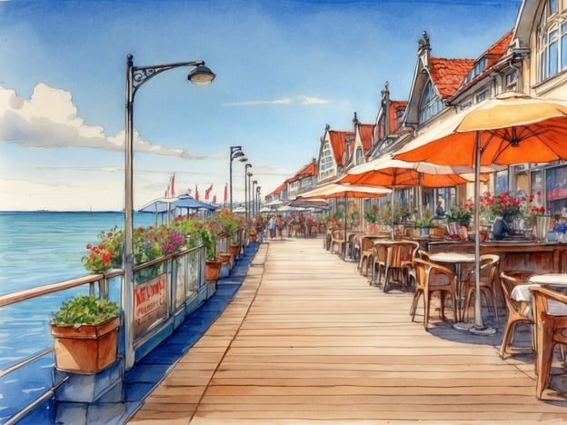 Auf dem Bild ist eine malerische Uferpromenade zu sehen, die von schönen Gebäuden gesäumt ist. An beiden Seiten der Promenade sind Restaurants und Cafés mit Sonnenschirmen. Die blühenden Pflanzen schaffen eine einladende Atmosphäre. Besucher ziehen entlang der Promenade und genießen die Aussicht auf das Wasser. 

Es gibt sicherlich Einkaufsmöglichkeiten in der Nähe, wo Souvenirs wie lokale Kunsthandwerke oder spezielle Leckereien verkauft werden. Diese Umgebung lädt förmlich dazu ein, kleine Andenken an den Besuch zu erwerben.