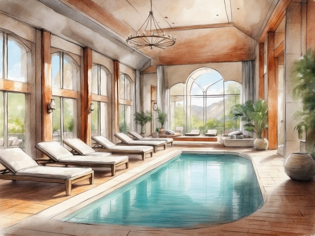 Auf dem Bild sind verschiedene Wellness- und Freizeiteinrichtungen zu sehen. Der Raum verfügt über einen eleganten Pool, der von großen Fenstern umgeben ist, die viel natürliches Licht hereinlassen und einen Blick ins Freie ermöglichen. Entspannungsliegen stehen bereit, um den Gästen einen komfortablen Platz zum Ausruhen zu bieten. Die Atmosphäre ist entspannend und luxuriös, mit Pflanzen, die zur natürlichen Umgebung beitragen. Diese Annehmlichkeiten laden dazu ein, sich zu erholen und eine Auszeit vom Alltag zu genießen.