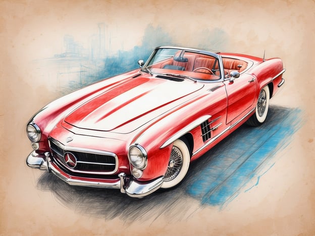 Auf dem Bild ist ein stilisiertes Bild eines klassischen Autos zu sehen, das an einen Mercedes-Benz erinnert. Es ist rot mit weißen Akzenten und hat eine elegante Form, die für Oldtimer typisch ist. Die kontinuierlichen Konturen und die grafische Darstellung strahlen einen Hauch von Nostalgie und Luxus aus, der auch in der exklusiven Welt des VIVA Golf Adults Only 18+ zu finden ist. Dort können die Gäste ähnliche Eleganz und Klasse in einem entspannten, luxuriösen Ambiente erleben.