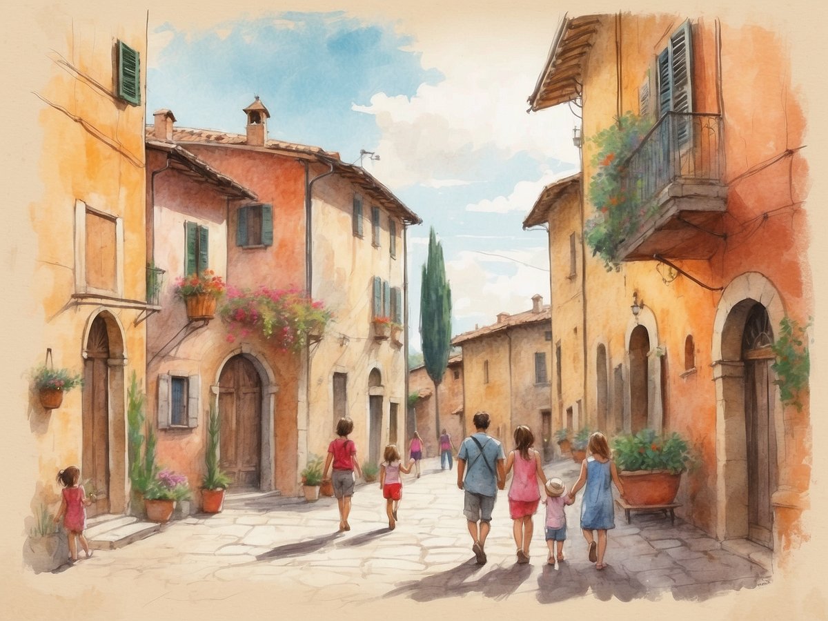 Eine charmante Gasse in der Toskana mit warmen, gelben und orangefarbenen Gebäuden, in denen Blumenübertöpfe hängen. Eine Gruppe von sieben Kindern und Erwachsenen schlendert fröhlich entlang der gepflasterten Straße. Zwei Kinder spielen in einer Ecke, während die anderen weiter hinten spazieren gehen. Im Hintergrund sind ein paar Zypressen und ein blauer Himmel zu sehen, der der Szene eine freundliche Atmosphäre verleiht.