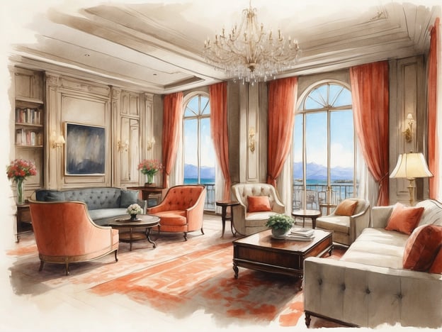 Auf dem Bild ist eine elegante Lounge oder Suite zu sehen. Die Zimmer und Suiten sind geschmackvoll eingerichtet mit bequemen Möbeln in sanften Farben und einem stilvollen, hellen Ambiente. Große Fenster lassen viel Tageslicht herein und bieten einen Blick auf eine wunderschöne Landschaft. Im Raum befinden sich gemütliche Sofas, Sessel und ein Couchtisch, sowie dekorative Elemente wie Blumen und Kunstwerke an der Wand. Die Farben und Materialien strahlen Luxus und Stil aus.