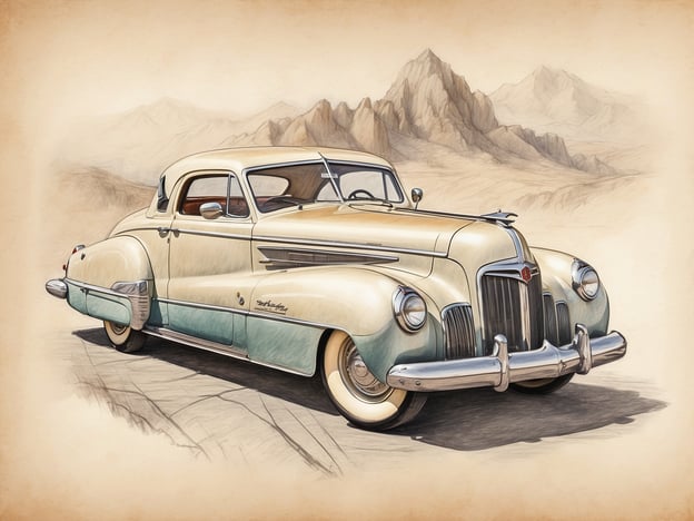 Auf dem Bild ist ein klassisches Auto zu sehen, das einen eleganten Retro-Stil verkörpert. Es handelt sich um ein zweitüriges Coupé mit einem markanten Design, das typisch für die Automobilproduktion der 1940er Jahre ist. Die Farbgebung in sanften Gelb- und Türkistönen verleiht dem Fahrzeug eine nostalgische Ausstrahlung, während die glänzenden Chromdetails den Luxus und die Handwerkskunst dieser Epoche betonen. Im Hintergrund sind sanfte, bewaldete Hügel oder Berge zu erkennen, die eine ruhige und ansprechende Landschaft schaffen, was das Gesamtbild ergänzt und dem Betrachter ein Gefühl von Freiheit verleiht.