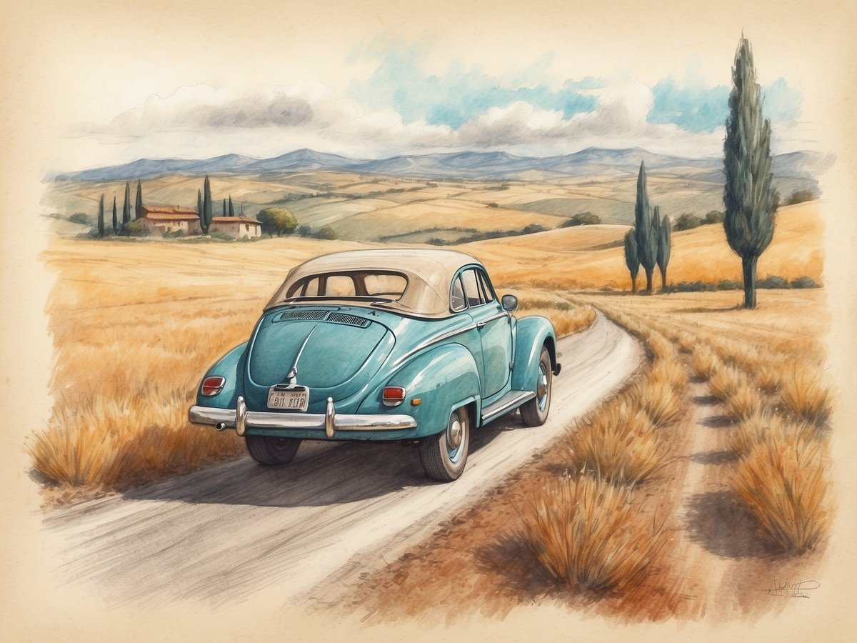 Ein klassisches Auto fährt auf einer kurvigen Straße durch die malerische Landschaft der Toskana. Die Szenerie zeigt goldene Felder und sanfte Hügel, die von Zypressen gesäumt sind. Im Hintergrund sind charmante Landhäuser zu sehen und der Himmel ist teils bewölkt mit sanften, weißen Wolken.