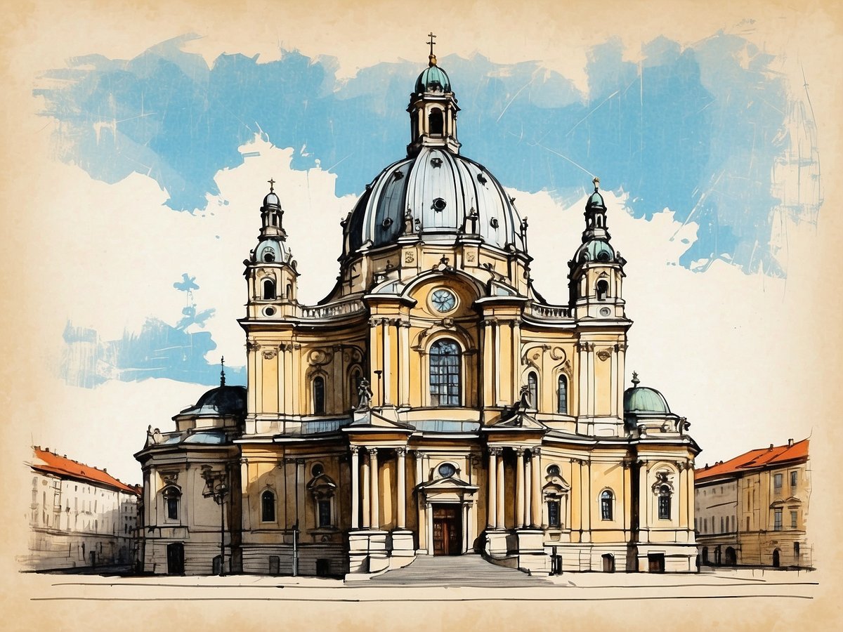 Die Theatinerkirche in München ist ein beeindruckendes Barockgebäude mit einer markanten, gewölbten Kuppel und eleganten Türmchen. Die Fassade ist in warmen Gelbtönen gehalten und verziert mit kunstvollen Details und großen Fenstern, die viel Licht ins Innere lassen. Im Vordergrund ist der Platz vor der Kirche zu sehen, gesäumt von Gebäuden mit roten Dächern, die die architektonische Schönheit der Umgebung unterstreichen. Der Himmel ist blau mit leichten Wolken, was das Bild lebendig wirken lässt.