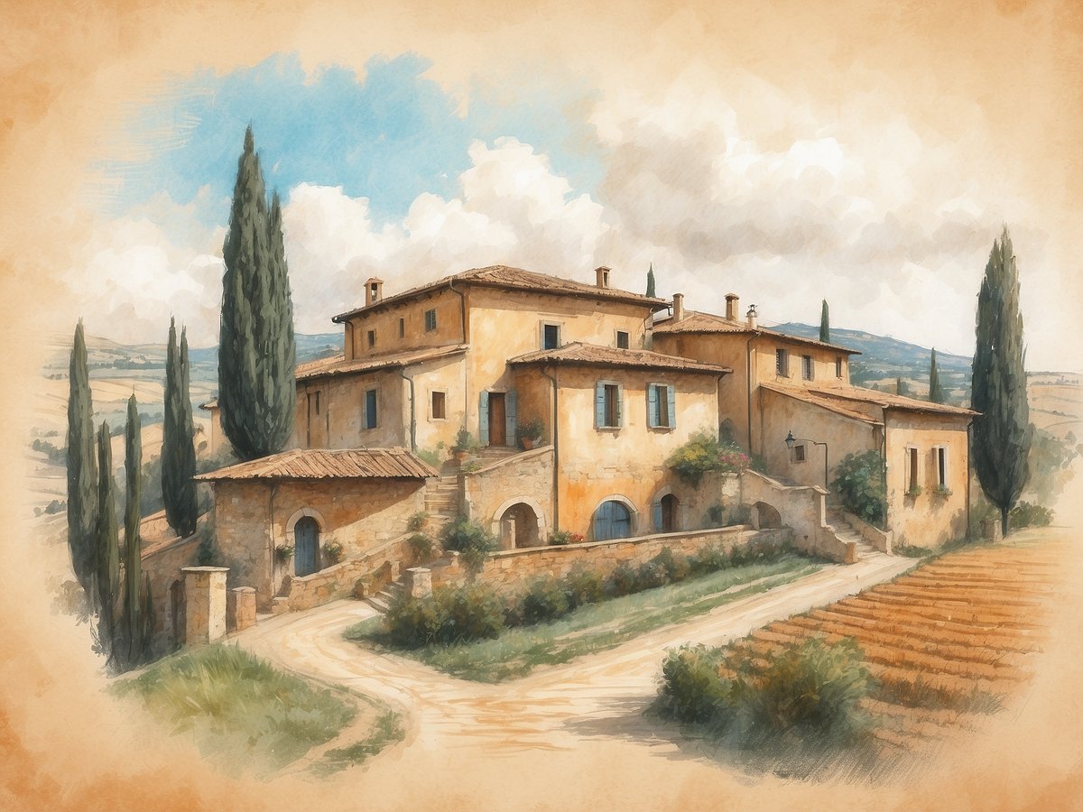 Eine malerische toskanische Villa mit warmen, erdigen Farben erhebt sich sanft aus der Landschaft. Die Architektur ist traditionell mit einem welligen Dach und Fensterläden in einem sanften Blau. Umgeben von hohen Zypressen und sanften Hügeln, führt ein geschwungener Weg zur Villa, der durch üppiges Gras und Felder ergänzt wird. Der Himmel ist leicht bewölkt, was der Szenerie eine ruhige und friedliche Atmosphäre verleiht. Die gesamte Komposition vermittelt ein Gefühl von Idylle und traditioneller toskanischer Lebensart.