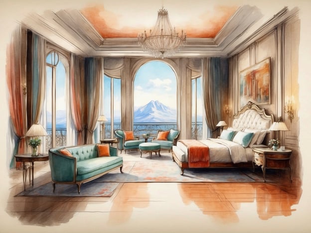 Auf dem Bild ist ein luxuriöses Zimmer zu sehen. Die Suite verfügt über ein großes Fenster mit Blick auf eine Berglandschaft. Im Raum befinden sich elegante Möbel, darunter ein bequemes Bett mit stilvollen Kissen, ein Sofa in sanften Farbtönen sowie eine gemütliche Sitzecke. Dekorative Elemente wie Lampen und Kunstwerke verleihen dem Raum eine ansprechende Atmosphäre. Die Kombination aus Farben und Materialien schafft ein behagliches und einladendes Ambiente.