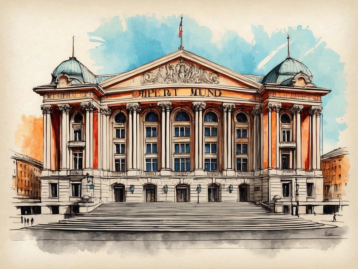 Die Bayerische Staatsoper in München wird in einer künstlerischen Darstellung gezeigt. Das imposante Gebäude ist von einer Vielzahl großer Säulen umgeben und hat ein markantes, geschmücktes Dach mit Kuppeln. Die Fassade ist in kräftigen Farben gehalten, während sich im Hintergrund sanfte, aquarellartige Blautöne abheben. Im Vordergrund sind breite Treppenstufen zu sehen, die zum Eingang führen. Menschen sind in der Nähe zu erkennen, was dem Bild eine lebendige Atmosphäre verleiht.