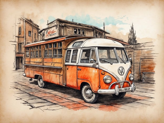 Auf dem Bild ist ein retro-minivan oder ein Volkswagen Bus zu sehen, der orange-weiß lackiert ist. Solche Fahrzeuge sind oft mit kulturellen Veranstaltungen und Angeboten verbunden, wie Food Festivals oder Märkten, wo sie als mobile Verkaufsstände oder Essenswagen eingesetzt werden. Oftmals bieten sie die Möglichkeit, lokale Spezialitäten zu probieren oder an Gemeinschaftsveranstaltungen teilzunehmen, die das kulturelle Leben der Region bereichern. Es könnte sich also um einen beliebten Treffpunkt für Besucher handeln, der ein Stück lebendige Kultur und Tradition widerspiegelt.