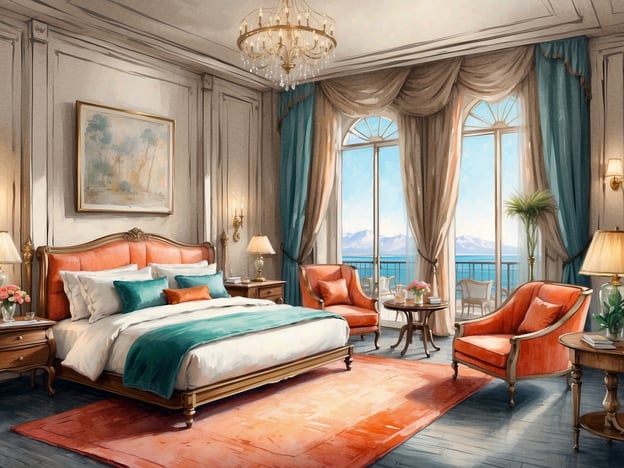 Auf dem Bild ist ein elegantes Schlafzimmer zu sehen. Es gibt ein großes, bequemes Bett mit einer weißen Bettdecke und Kissen in verschiedenen Farben, darunter teal und orange. Die Wände sind stilvoll dekoriert, und ein großes Fenster bietet einen schönen Ausblick auf das Meer sowie die Berge im Hintergrund.

Im Zimmer befinden sich auch zwei gemütliche Sessel in orangefarbenem Stoff, die um einen kleinen Tisch gruppiert sind. Eine Pflanze und eine Tischlampe ergänzen die Einrichtung. Ein Teppich in warmen Farben rundet das Ambiente ab. Insgesamt wirkt das Zimmer sehr einladend und luxuriös, ideal für Entspannung und Komfort.